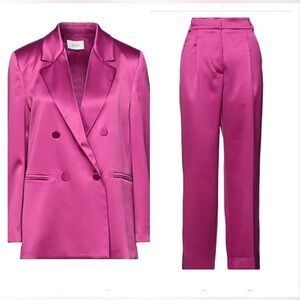 Vicolo Women Pink Fuchsia Satin Blazer & Pants Set Double Breasted Wide Leg Suit